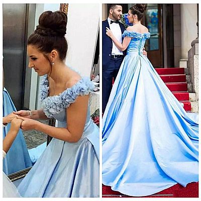 2018 Light Blue Prom Dresses with Handmade Flowers