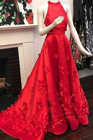 Stunning Red Halter Evening Dresses with Floral Applique