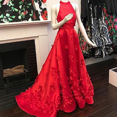 Stunning Red Halter Evening Dresses with Floral Applique