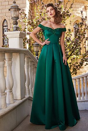 Off Shoulder Green Beading Pleated Evening Dresses