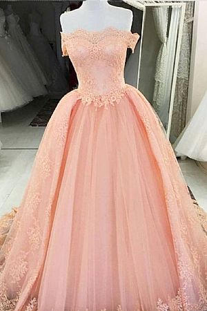 Princess Pink Tulle Prom Dresses Off the Shoulder