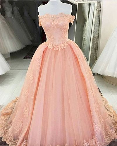 Princess Pink Tulle Prom Dresses Off the Shoulder