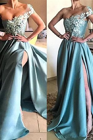 Sexy High Split Blue Prom Dresses with Pearls