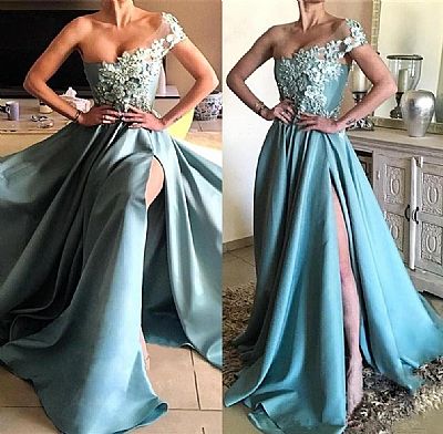 Sexy High Split Blue Prom Dresses with Pearls