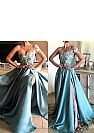 Sexy High Split Blue Prom Dresses with Pearls