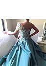 Sexy High Split Blue Prom Dresses with Pearls