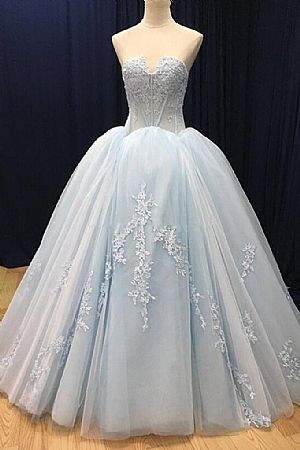 Strapless Blue Tulle Ball Gown Prom Dresses 2018