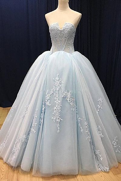 Strapless Blue Tulle Ball Gown Prom Dresses 2018