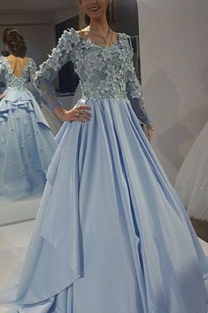 Chic Blue Floral Appliqued Prom Evening Gowns