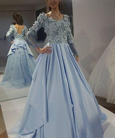 Chic Blue Floral Appliqued Prom Evening Gowns