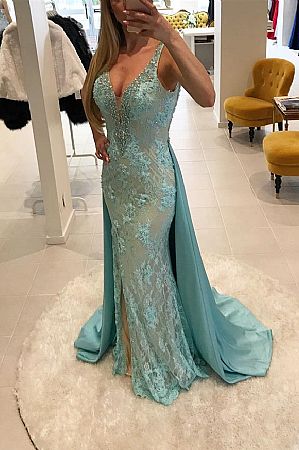 Sexy Blue Mermaid Evening Dress Deep V-Neck