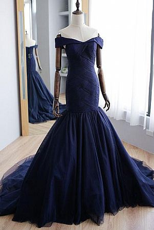 Navy Blue Pleated Tulle Mermaid Evening Dress