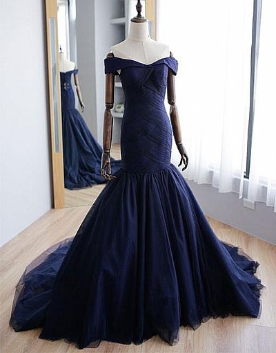 Navy Blue Pleated Tulle Mermaid Evening Dress