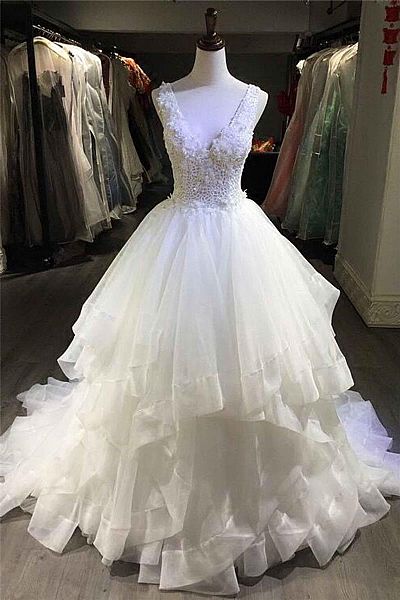 Fancy White Layered Tulle Prom Gowns with Straps