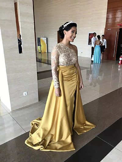 2018 Gold One Shoulder Prom Gowns Side Split