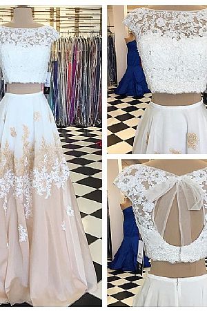 Two Piece A-Line Lace Top Evening Dresses 2018