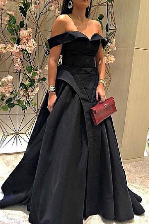 Off Shoulder Pleated Black Satin Evening Party Dresses