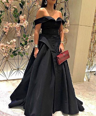 Off Shoulder Pleated Black Satin Evening Party Dresses