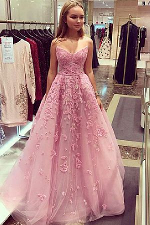 Princess Pink Applique Tulle Prom Dresses Homecoming Dress