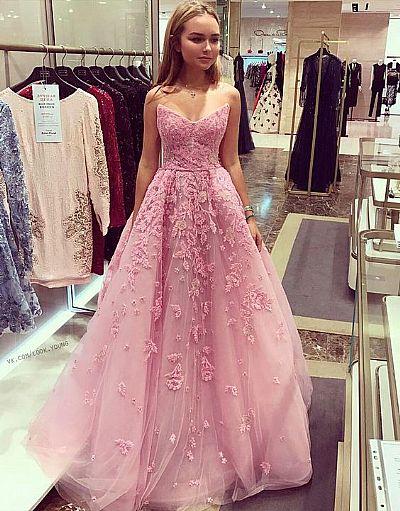 Princess Pink Applique Tulle Prom Dresses Homecoming Dress