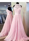 A-Line Pink Tulle Halter Evening Dresses with Beads