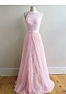 A-Line Pink Tulle Halter Evening Dresses with Beads