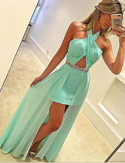 Mint Green Sexy Halter Prom Dress with Beadings