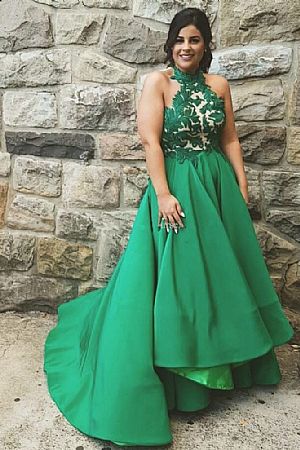 Green Applique Hi Low Halter Evening Dresses with Ruffles