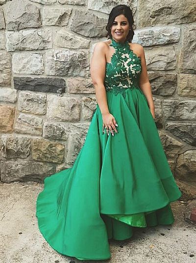 Green Applique Hi Low Halter Evening Dresses with Ruffles