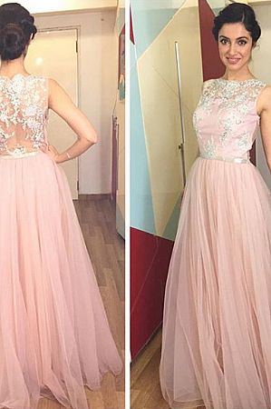 Beautiful Pink Appliqued Tulle Evening Dresses 2018