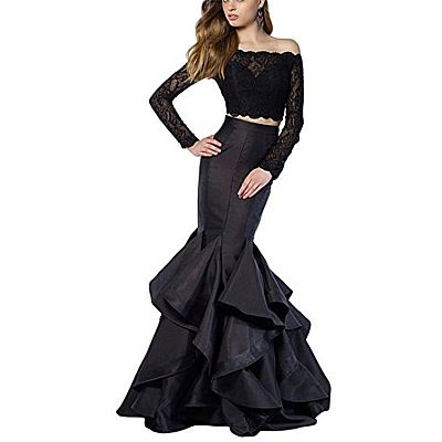 Two Piece Prom Evening Dress with Ruffles & Lace Bodice