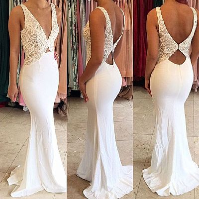 Sexy Lace Beading Mermaid Evening Dress with Plunging Neckline