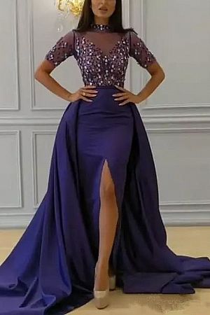 Crystal Beaded Blue Evening Dress Front Split