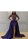Crystal Beaded Blue Evening Dress Front Split