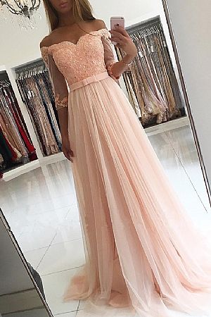 Off the Shoulder Pink Tulle Bridesmaid Dress Half Sleeves