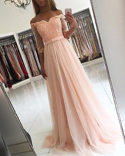 Off the Shoulder Pink Tulle Bridesmaid Dress Half Sleeves