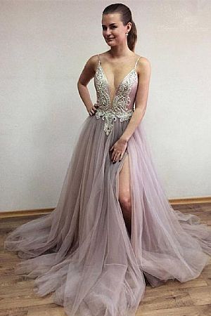 Gorgeous Side Split Tulle Prom Dress with Plunging Neckline