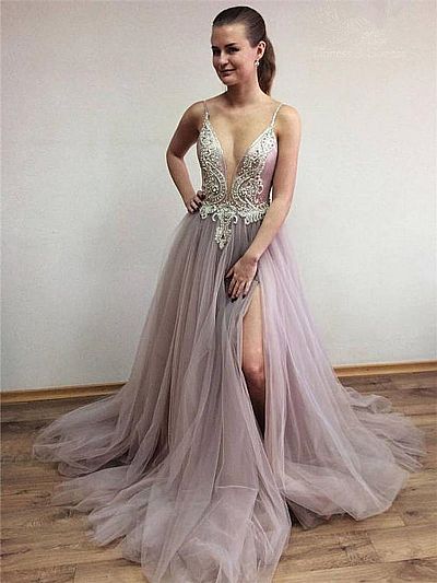 Gorgeous Side Split Tulle Prom Dress with Plunging Neckline