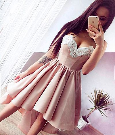 Pretty Pink and White Hi Low Draped Homecoming Dress