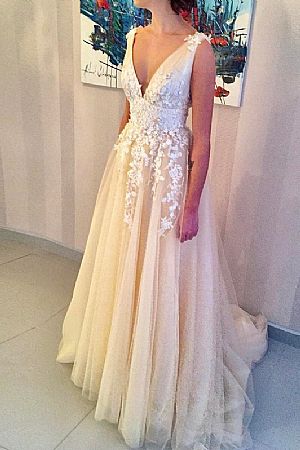 Light Champagne Prom Evening Dress Plunging Neckline with Straps