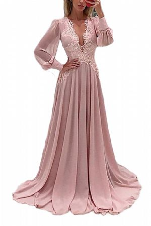 2018 Pink Chiffon Prom Evening Dress with Long Sleeves
