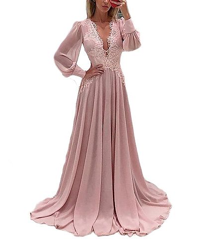 2018 Pink Chiffon Prom Evening Dress with Long Sleeves