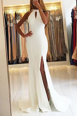 Sexy White Halter Prom Evening Dress Side Split