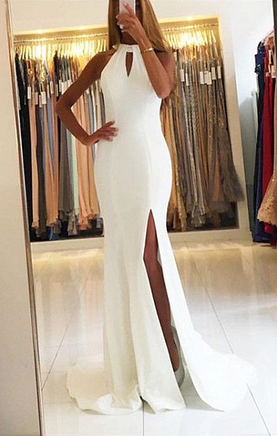 Sexy White Halter Prom Evening Dress Side Split