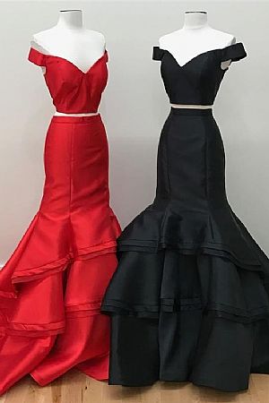 Two Pieces Tiered Prom Evening Dress Off the Shoulder