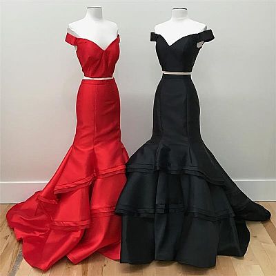 Two Pieces Tiered Prom Evening Dress Off the Shoulder