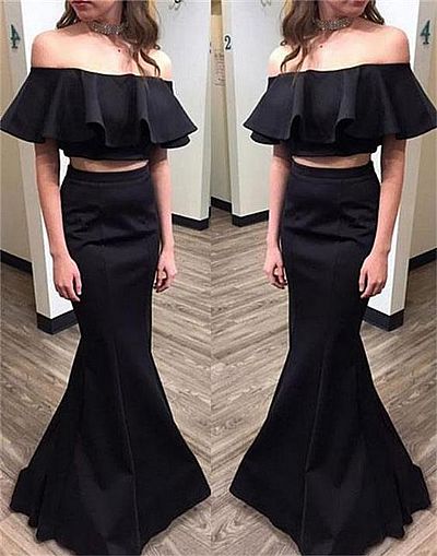Two Pieces Black Evening Dress Off the Shoulder