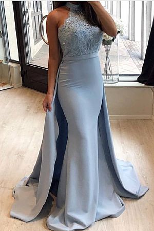 Ice Blue Halter Mermaid Prom Evening Dresses