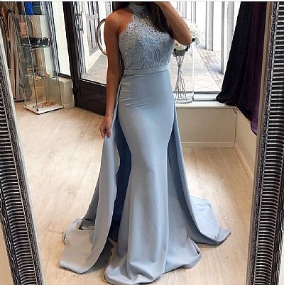 Ice Blue Halter Mermaid Prom Evening Dresses