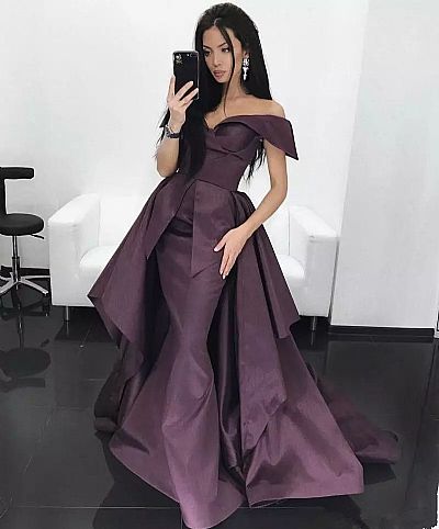 Purple Taffeta Prom Dress with Detachable Train